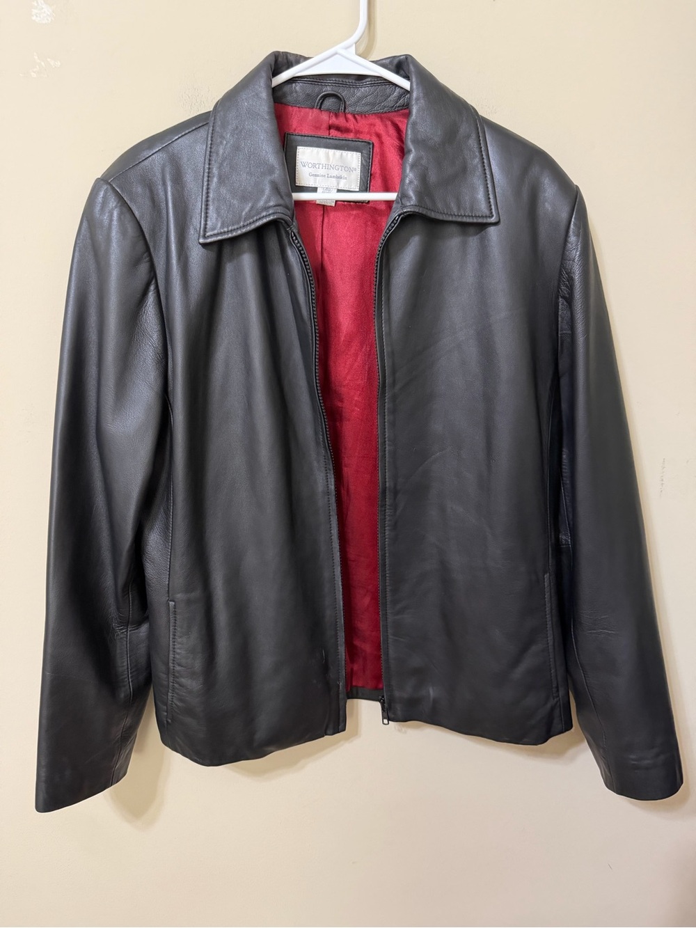 Worthington dark brown Leather Zip-Front Jacket with Red Lining structured chic